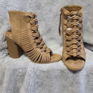 DV by Dolce Vita Tan Strappy Fringe Block Heel Sandal Booties